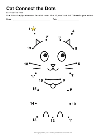 Cat connect the dots worksheet: numbered dots around the picture's outline
