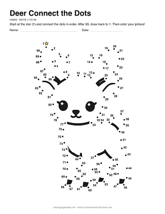 Deer connect the dots worksheet: numbered dots around the picture's outline