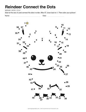 Reindeer dot to dot worksheet: numbered dots around the picture's outline