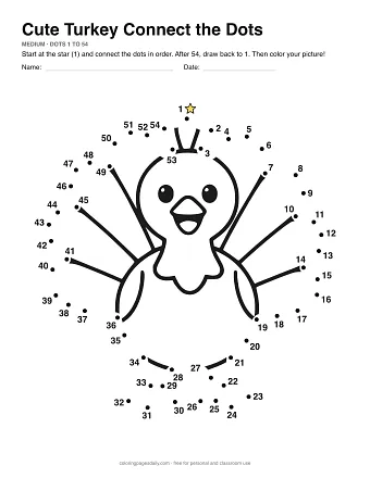 Cute Turkey connect the dots worksheet: numbered dots around the picture's outline
