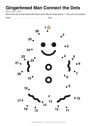 Gingerbread Man dot to dot worksheet: numbered dots around the picture's outline