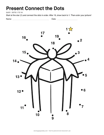 Present dot to dot worksheet: numbered dots around the picture's outline