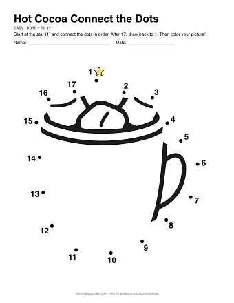 Hot Cocoa connect the dots worksheet: numbered dots around the picture's outline