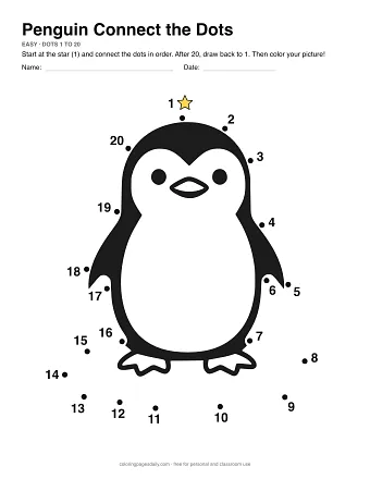 Penguin connect the dots worksheet: numbered dots around the picture's outline