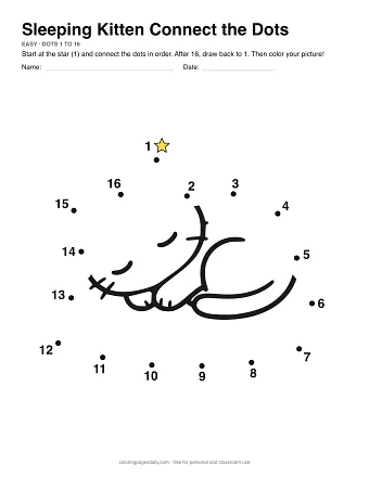 Sleeping Kitten connect the dots worksheet: numbered dots around the picture's outline