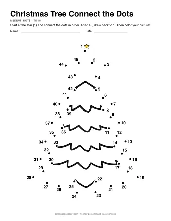 Christmas Tree dot to dot worksheet: numbered dots around the picture's outline