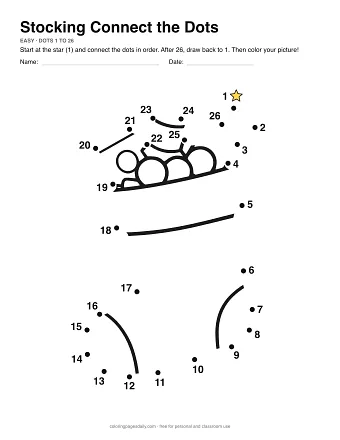 Stocking dot to dot worksheet: numbered dots around the picture's outline