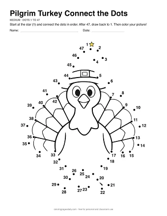 Pilgrim Turkey connect the dots worksheet: numbered dots around the picture's outline