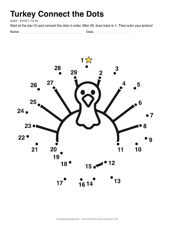 Turkey connect the dots worksheet: numbered dots around the picture's outline