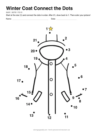 Winter Coat connect the dots worksheet: numbered dots around the picture's outline