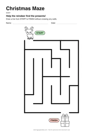 Christmas Maze, easy level: a maze with a picture at the start and at the finish