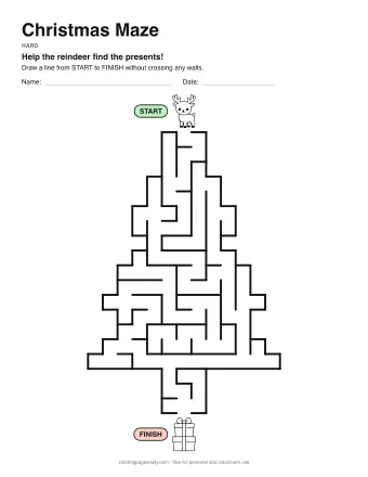 Christmas Maze, hard level: a maze with a picture at the start and at the finish