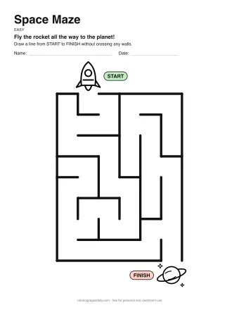 Space Maze, easy level: a maze with a picture at the start and at the finish