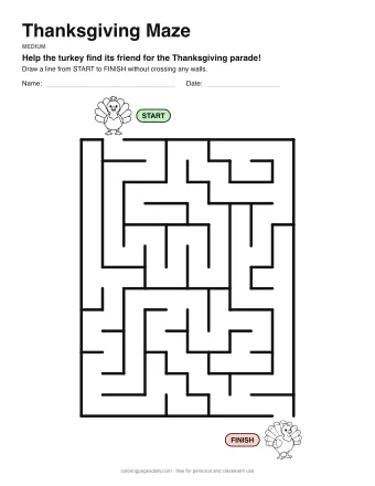 Thanksgiving Maze, medium level: a maze with a picture at the start and at the finish