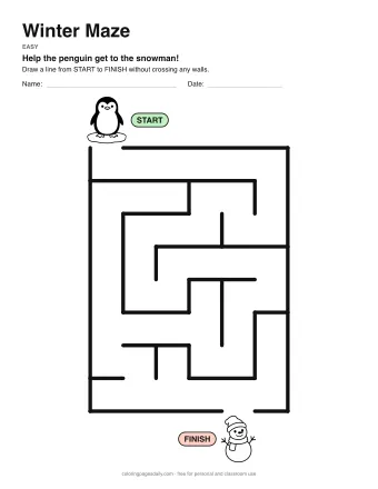 Winter Maze, easy level: a maze with a picture at the start and at the finish