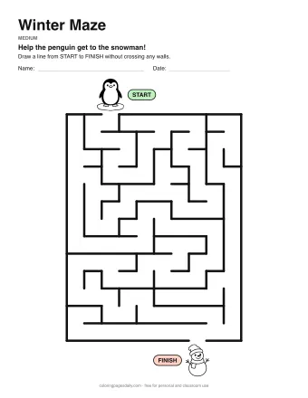 Winter Maze, medium level: a maze with a picture at the start and at the finish
