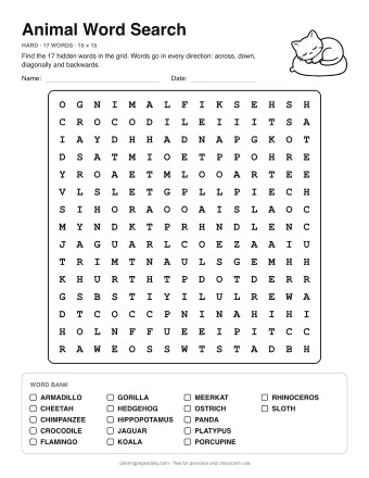 Animal Wordsearch, hard level: letter grid with the word list below