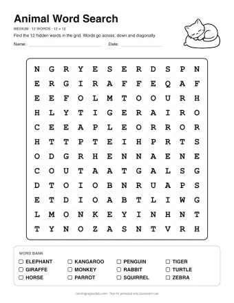Animal Wordsearch, medium level: letter grid with the word list below