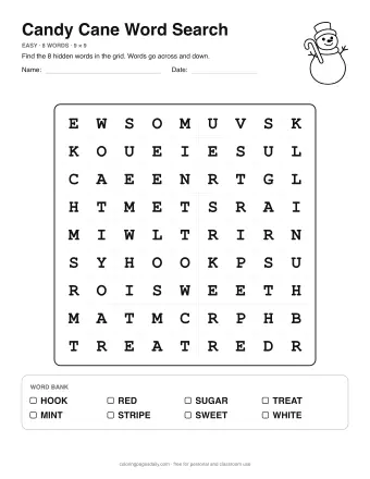 Candy Cane Word Search, easy level: letter grid with the word list below