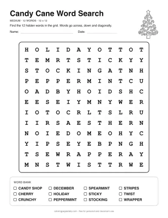 Candy Cane Word Search, medium level: letter grid with the word list below