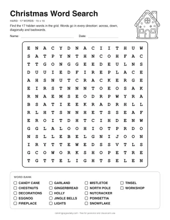 Christmas Word Search, hard level: letter grid with the word list below