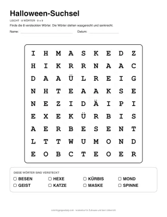 Halloween-Suchsel, Stufe leicht: Buchstabengitter mit Wörterliste