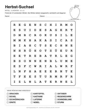 Herbst-Suchsel, Stufe mittel: Buchstabengitter mit Wörterliste