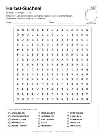 Herbst-Suchsel, Stufe schwer: Buchstabengitter mit Wörterliste