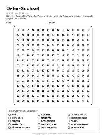 Oster-Suchsel, Stufe schwer: Buchstabengitter mit Wörterliste