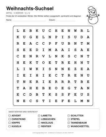 Weihnachts-Suchsel, Stufe mittel: Buchstabengitter mit Wörterliste