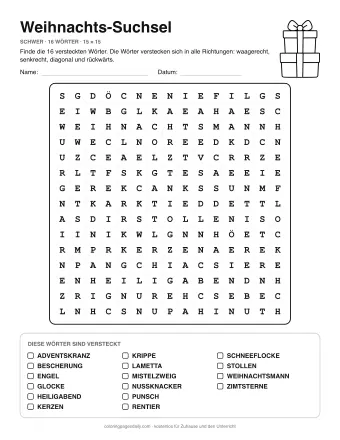 Weihnachts-Suchsel, Stufe schwer: Buchstabengitter mit Wörterliste