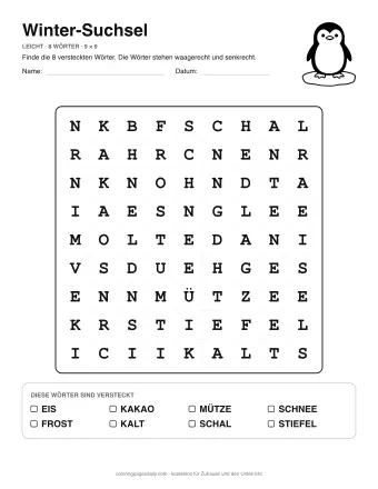 Winter-Suchsel, Stufe leicht: Buchstabengitter mit Wörterliste