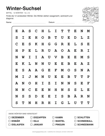 Winter-Suchsel, Stufe mittel: Buchstabengitter mit Wörterliste