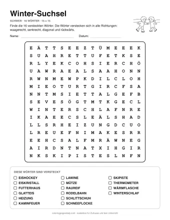 Winter-Suchsel, Stufe schwer: Buchstabengitter mit Wörterliste