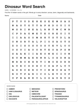 Dinosaur Word Search, hard level: letter grid with the word list below