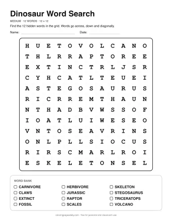 Dinosaur Wordsearch, medium level: letter grid with the word list below