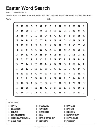 Easter Word Search, hard level: letter grid with the word list below