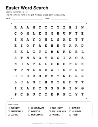 Easter Word Search, medium level: letter grid with the word list below