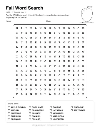 Fall Word Search, hard level: letter grid with the word list below