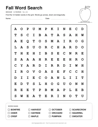 Fall Word Search, medium level: letter grid with the word list below