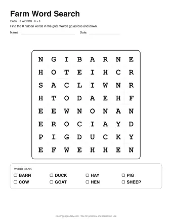 Farm Word Search, easy level: letter grid with the word list below