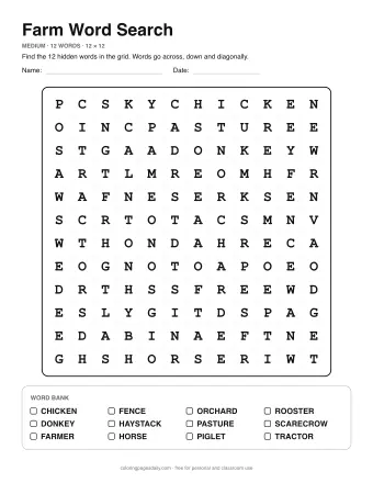 Farm Word Search, medium level: letter grid with the word list below