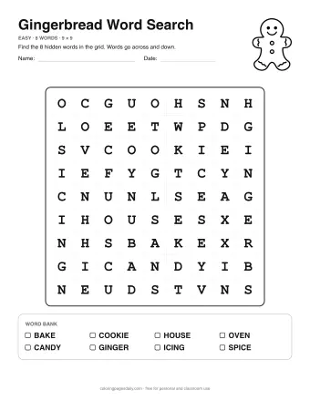 Gingerbread Word Search, easy level: letter grid with the word list below