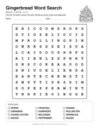 Gingerbread Word Search, medium level: letter grid with the word list below