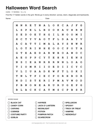 Halloween Word Search, hard level: letter grid with the word list below
