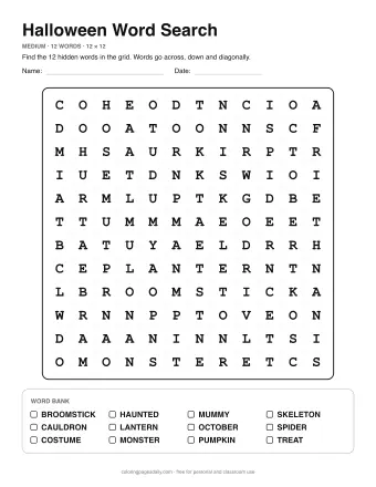 Halloween Word Search, medium level: letter grid with the word list below