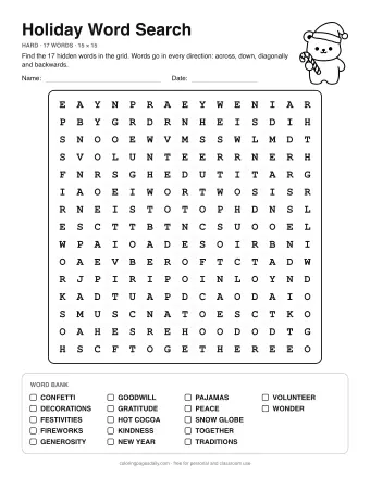 Holiday Word Search, hard level: letter grid with the word list below