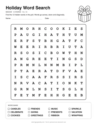 Holiday Word Search, medium level: letter grid with the word list below