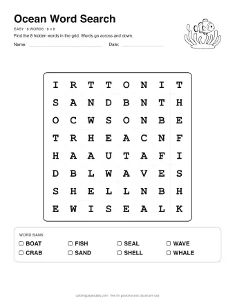 Ocean Word Search, easy level: letter grid with the word list below