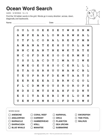 Ocean Word Search, hard level: letter grid with the word list below